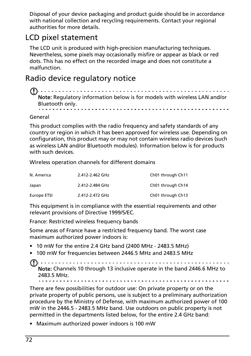 Lcd pixel statement, Radio device regulatory notice | Acer A100 User Manual | Page 74 / 82