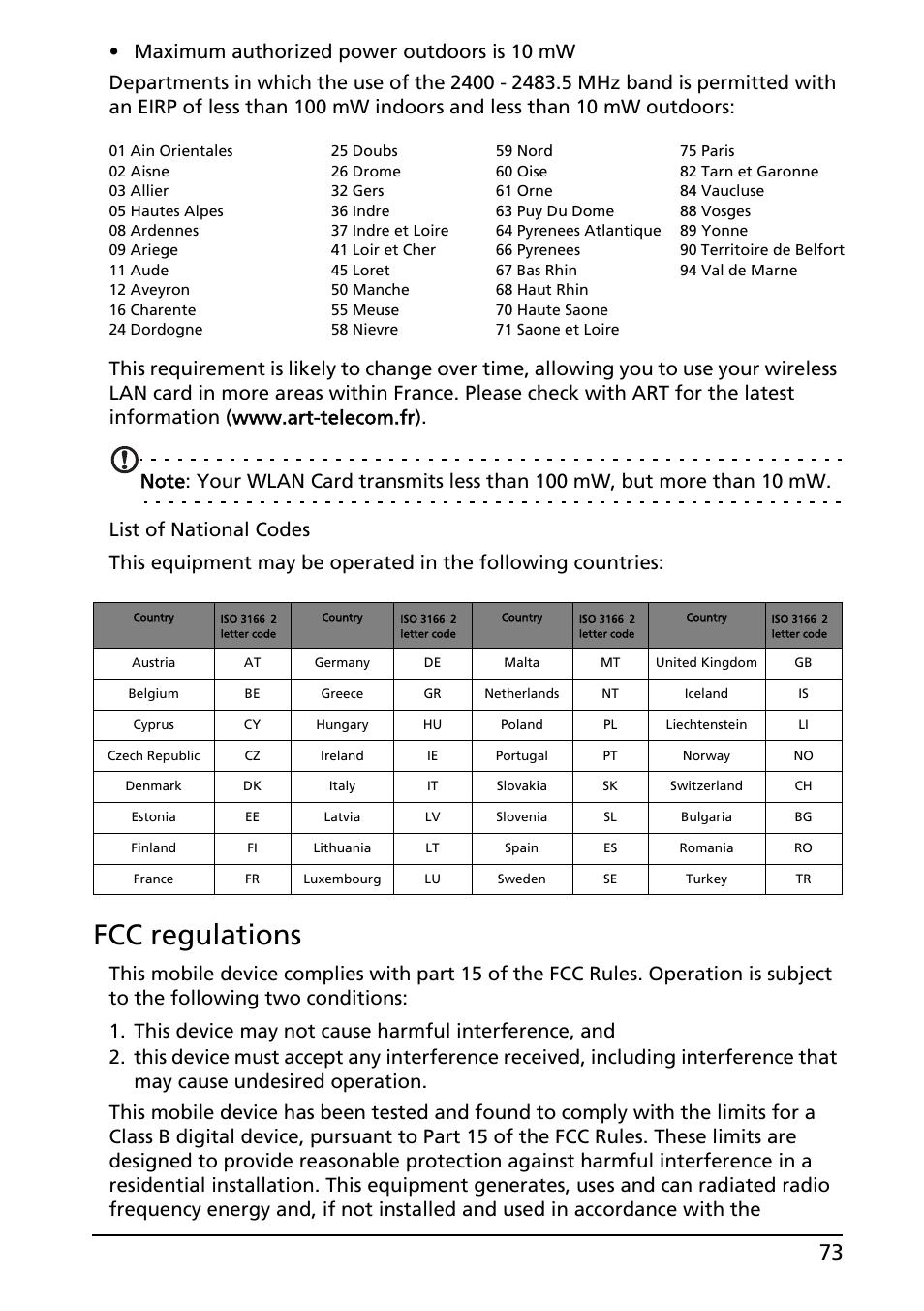 Fcc regulations | Acer A100 User Manual | Page 75 / 82