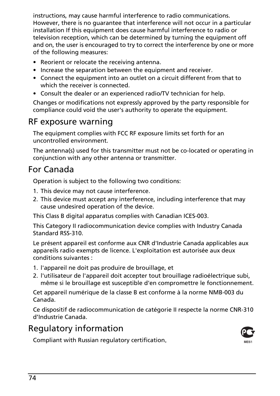 Rf exposure warning, For canada, Regulatory information | Acer A100 User Manual | Page 76 / 82