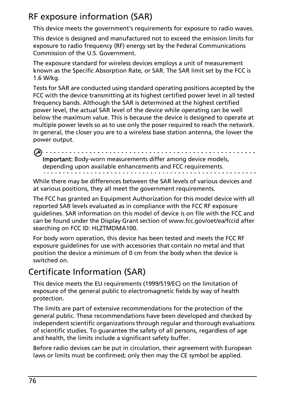 Rf exposure information (sar), Certificate information (sar) | Acer A100 User Manual | Page 78 / 82
