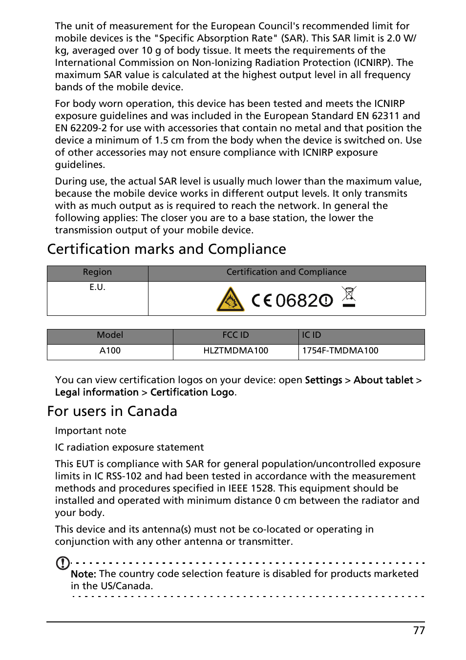Certification marks and compliance, For users in canada | Acer A100 User Manual | Page 79 / 82