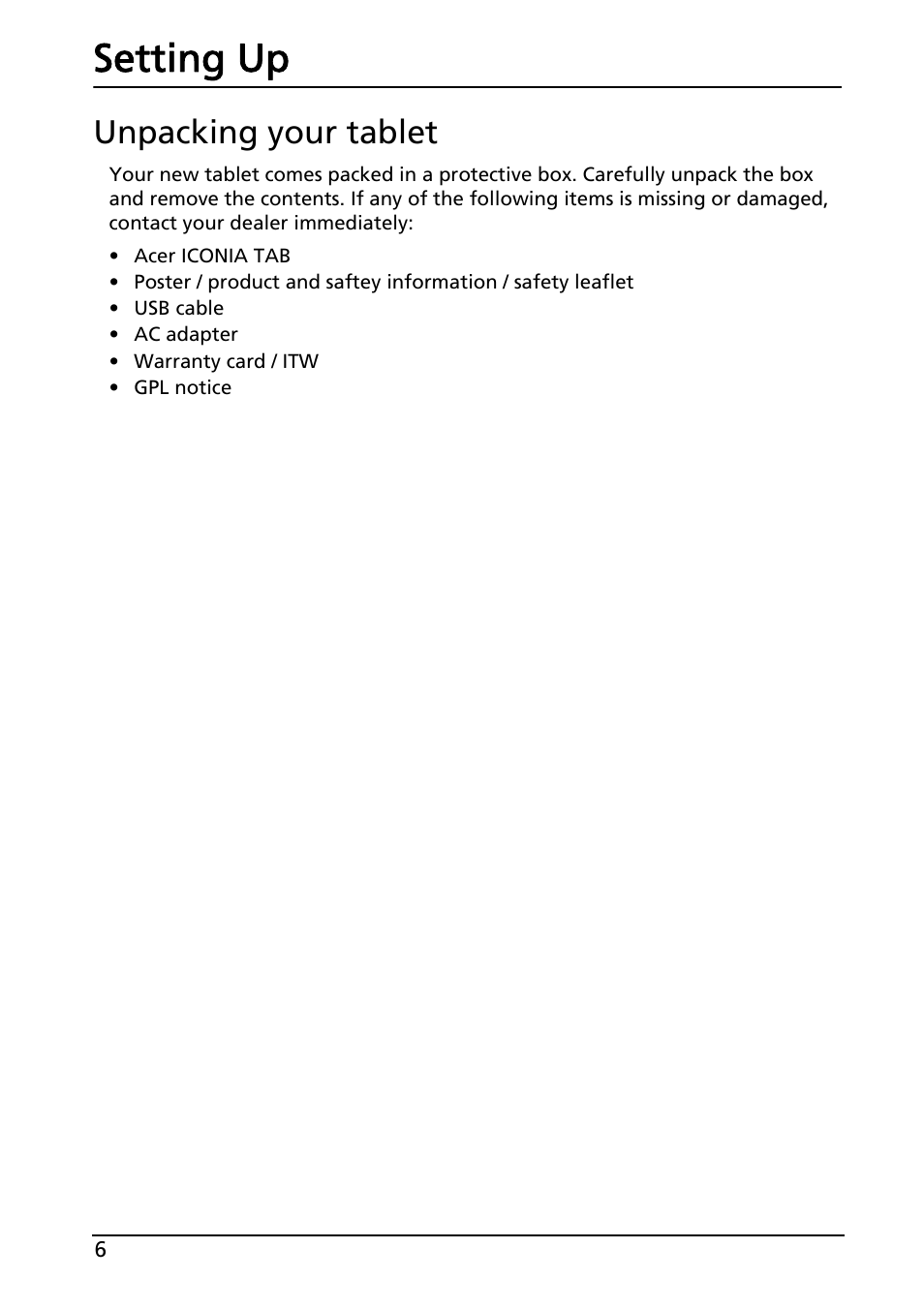 Setting up, Unpacking your tablet | Acer A100 User Manual | Page 8 / 82