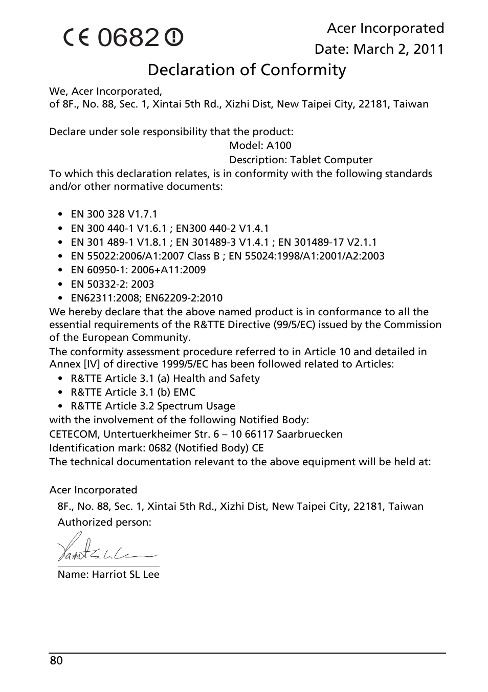 Declaration of conformity | Acer A100 User Manual | Page 82 / 82