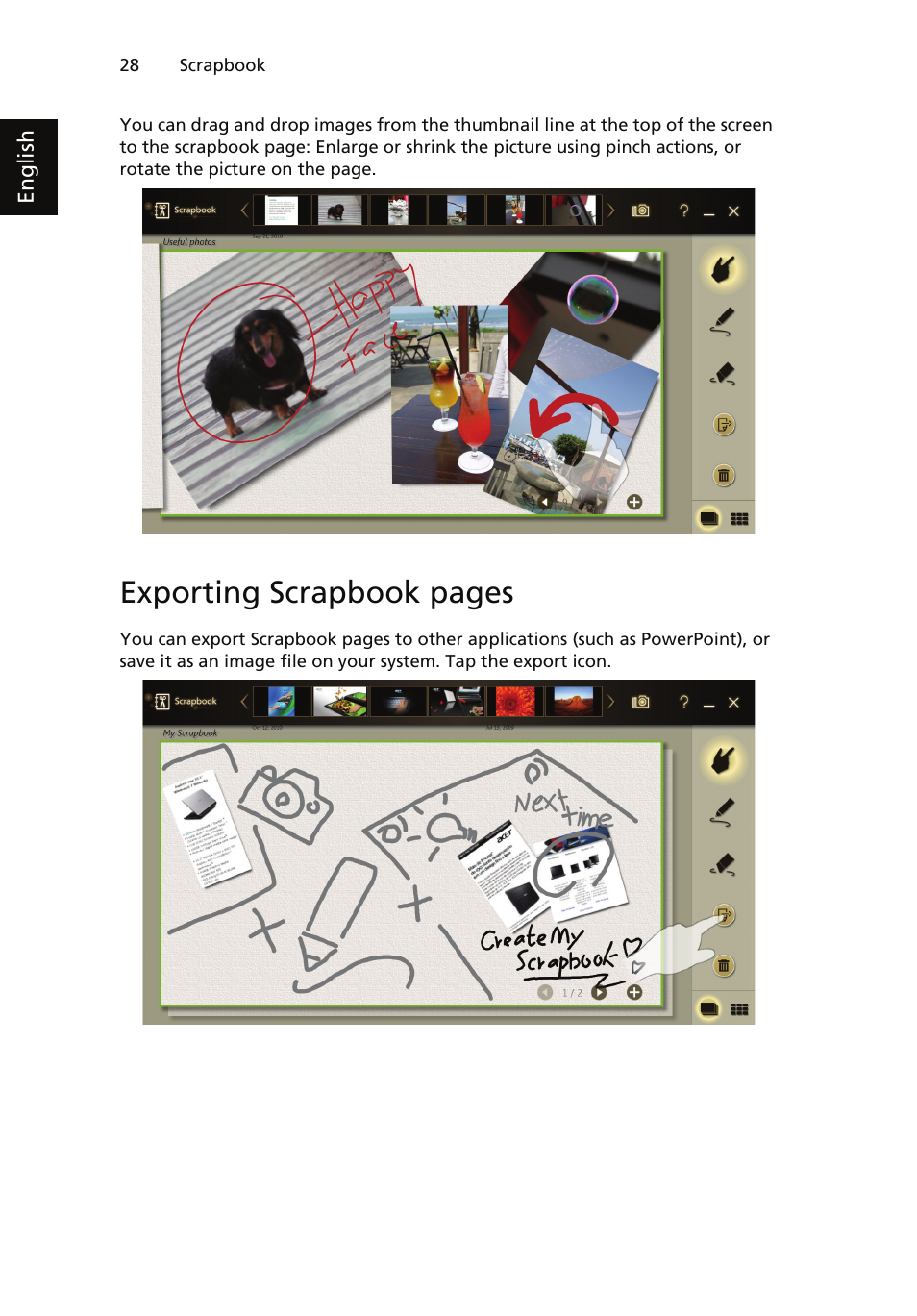 Exporting scrapbook pages | Acer ICONIA User Manual | Page 32 / 66