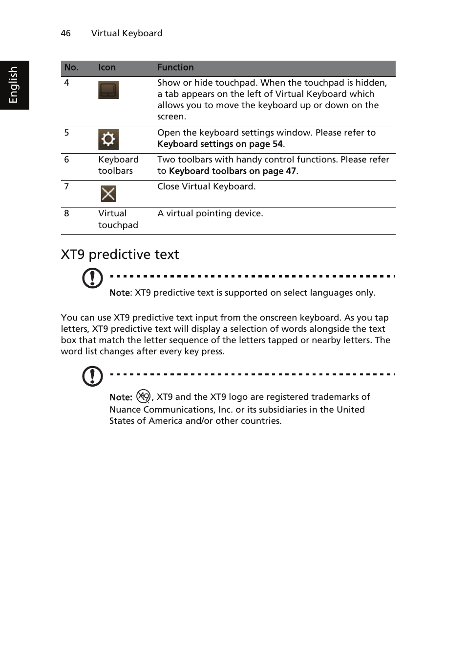 Xt9 predictive text, English | Acer ICONIA User Manual | Page 50 / 66