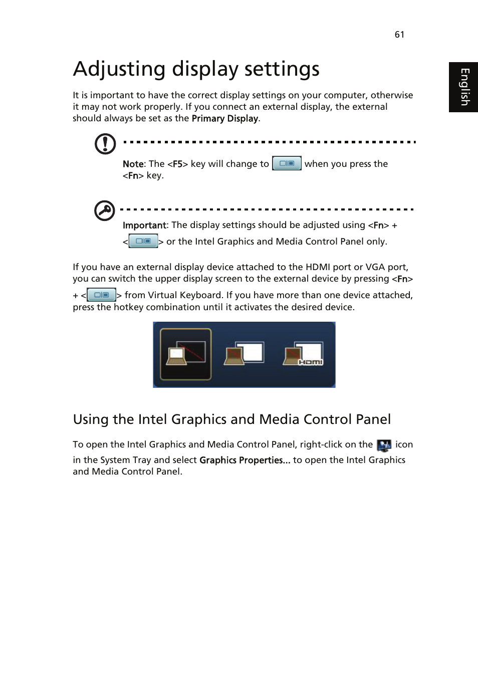 Adjusting display settings, Using the intel graphics and media control panel | Acer ICONIA User Manual | Page 65 / 66