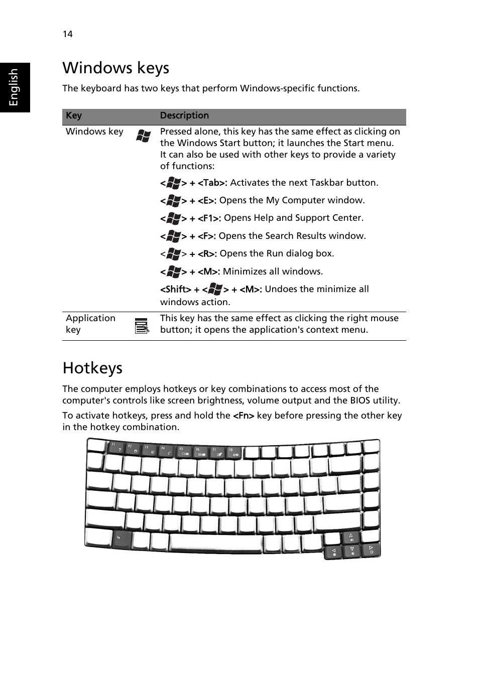 Windows keys, Hotkeys | Acer Extensa 6600 User Manual | Page 22 / 66