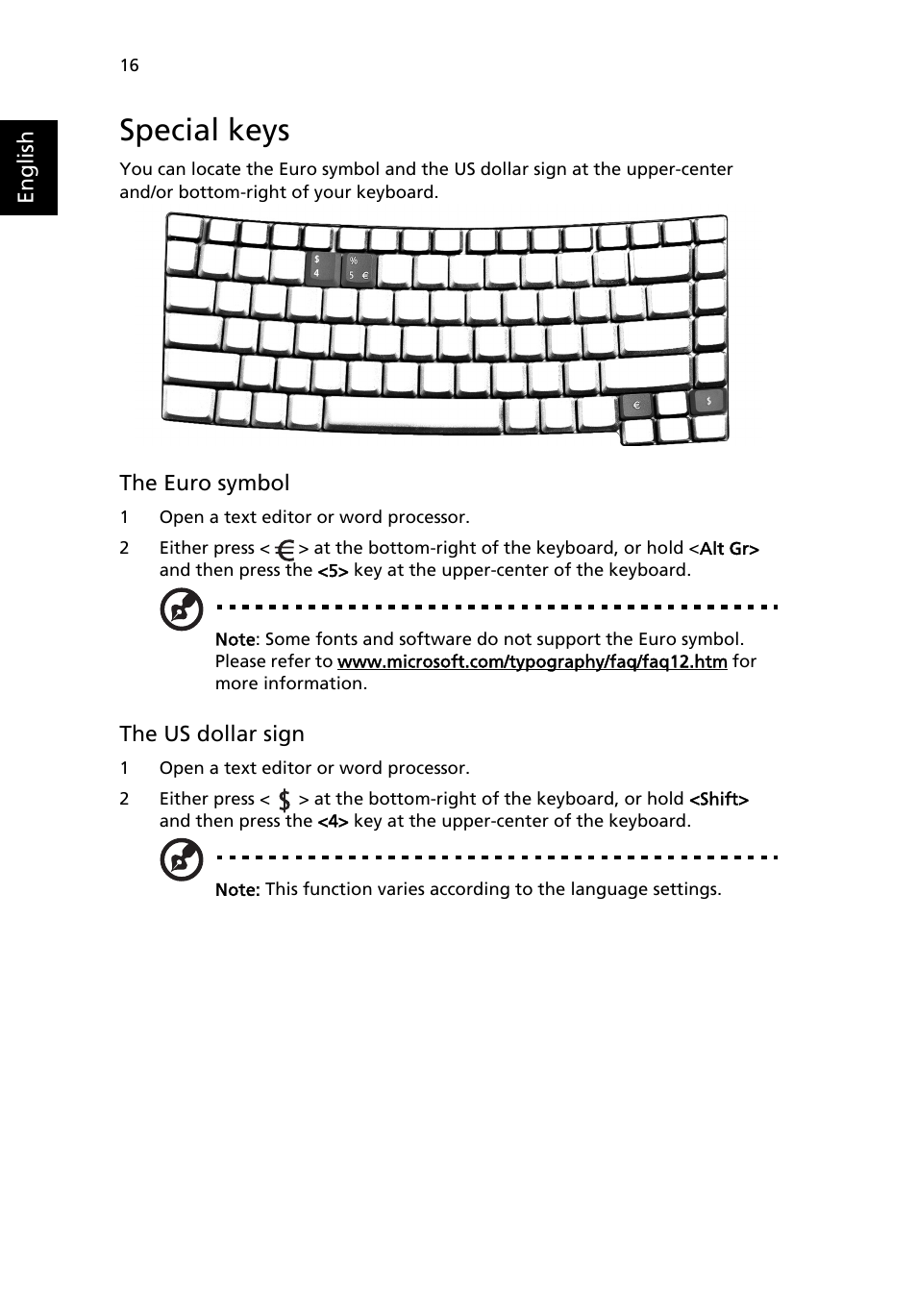 Special keys | Acer Extensa 6600 User Manual | Page 24 / 66