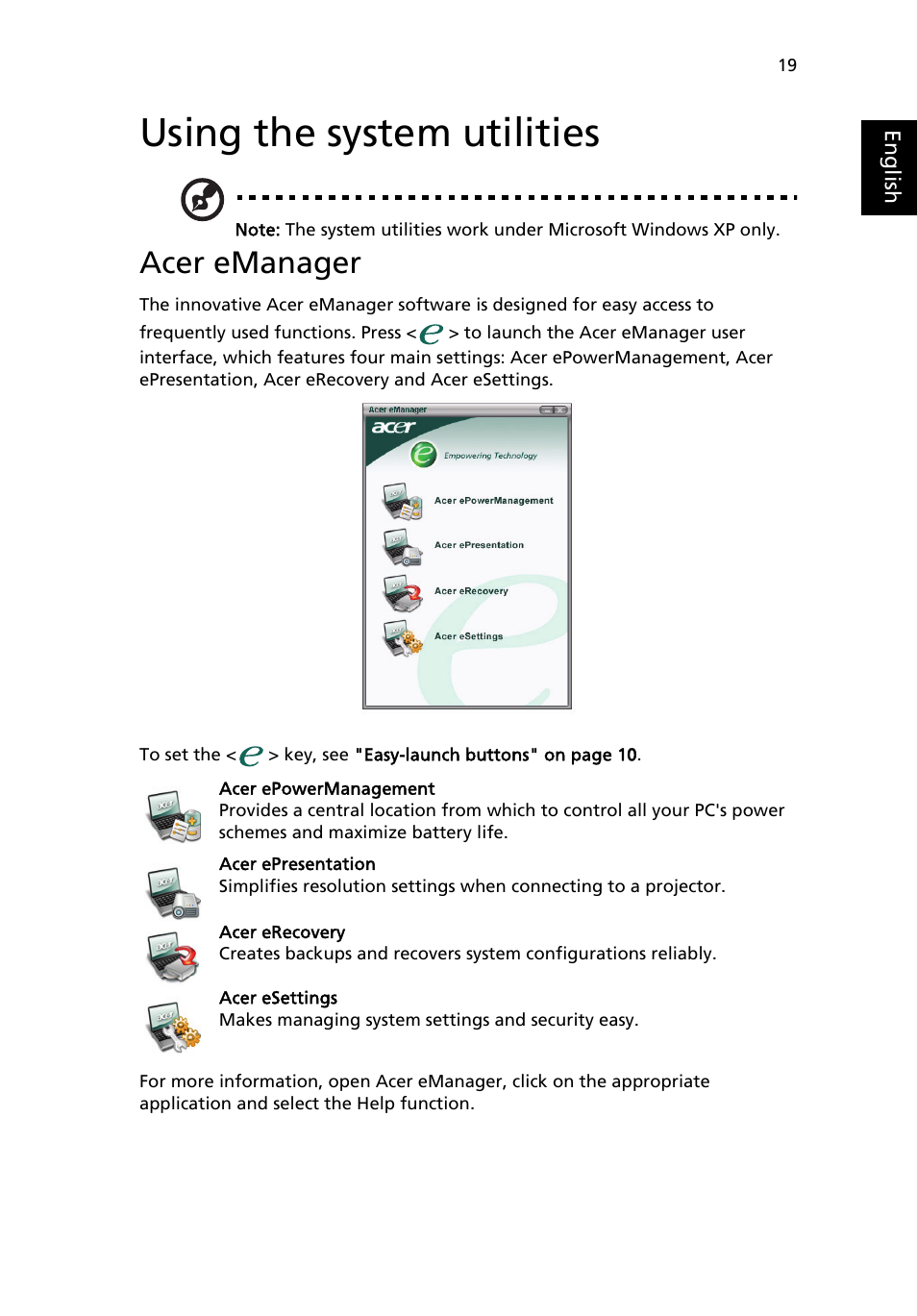 Using the system utilities, Acer emanager | Acer Extensa 6600 User Manual | Page 27 / 66