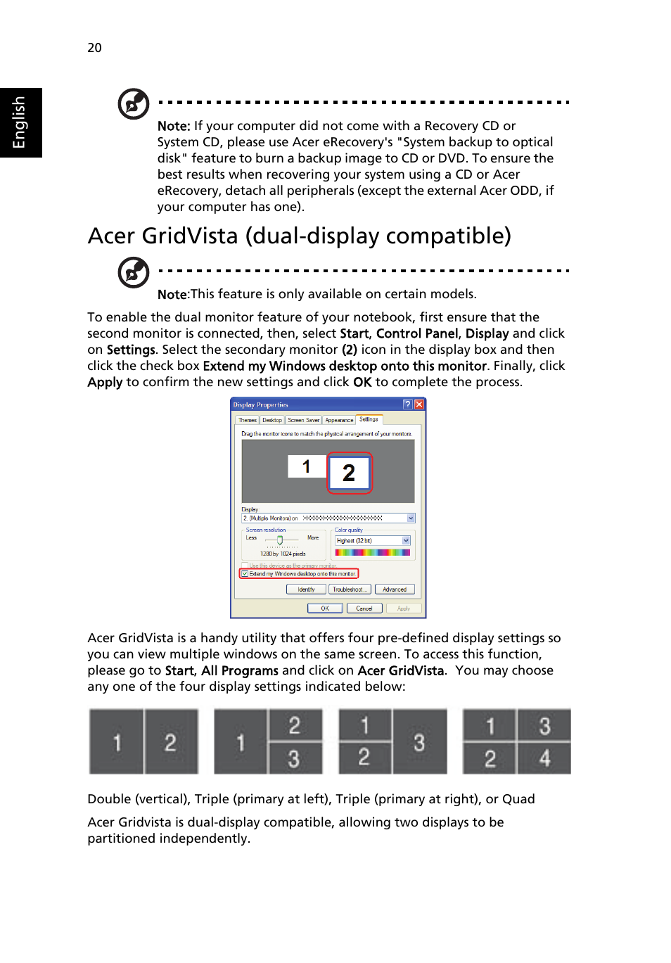 Acer gridvista (dual-display compatible) | Acer Extensa 6600 User Manual | Page 28 / 66