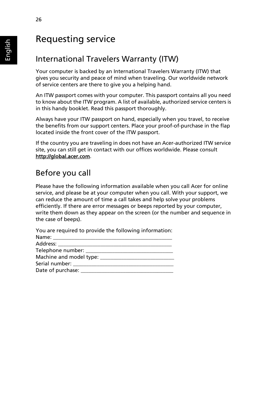 Requesting service, International travelers warranty (itw), Before you call | Acer Extensa 6600 User Manual | Page 34 / 66