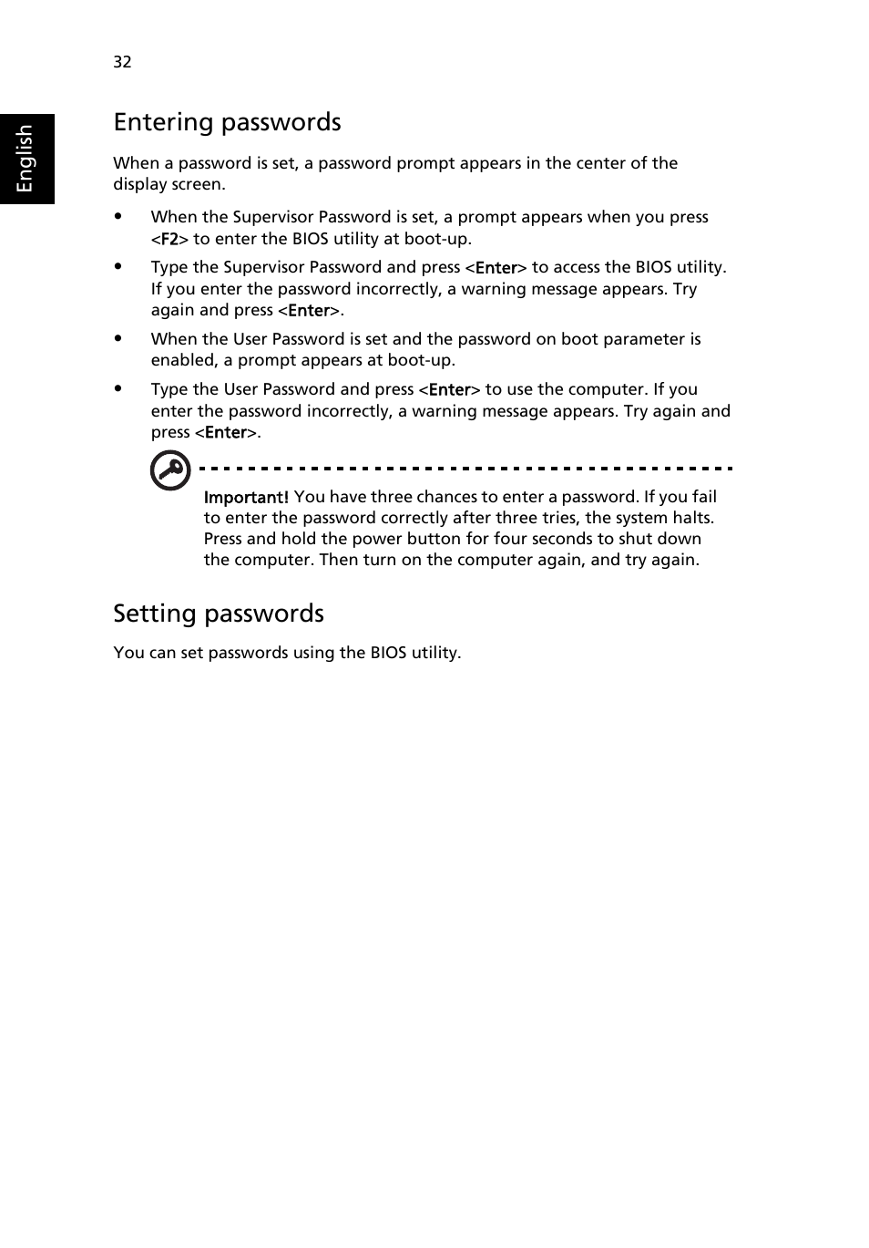 Entering passwords, Setting passwords | Acer Extensa 6600 User Manual | Page 40 / 66