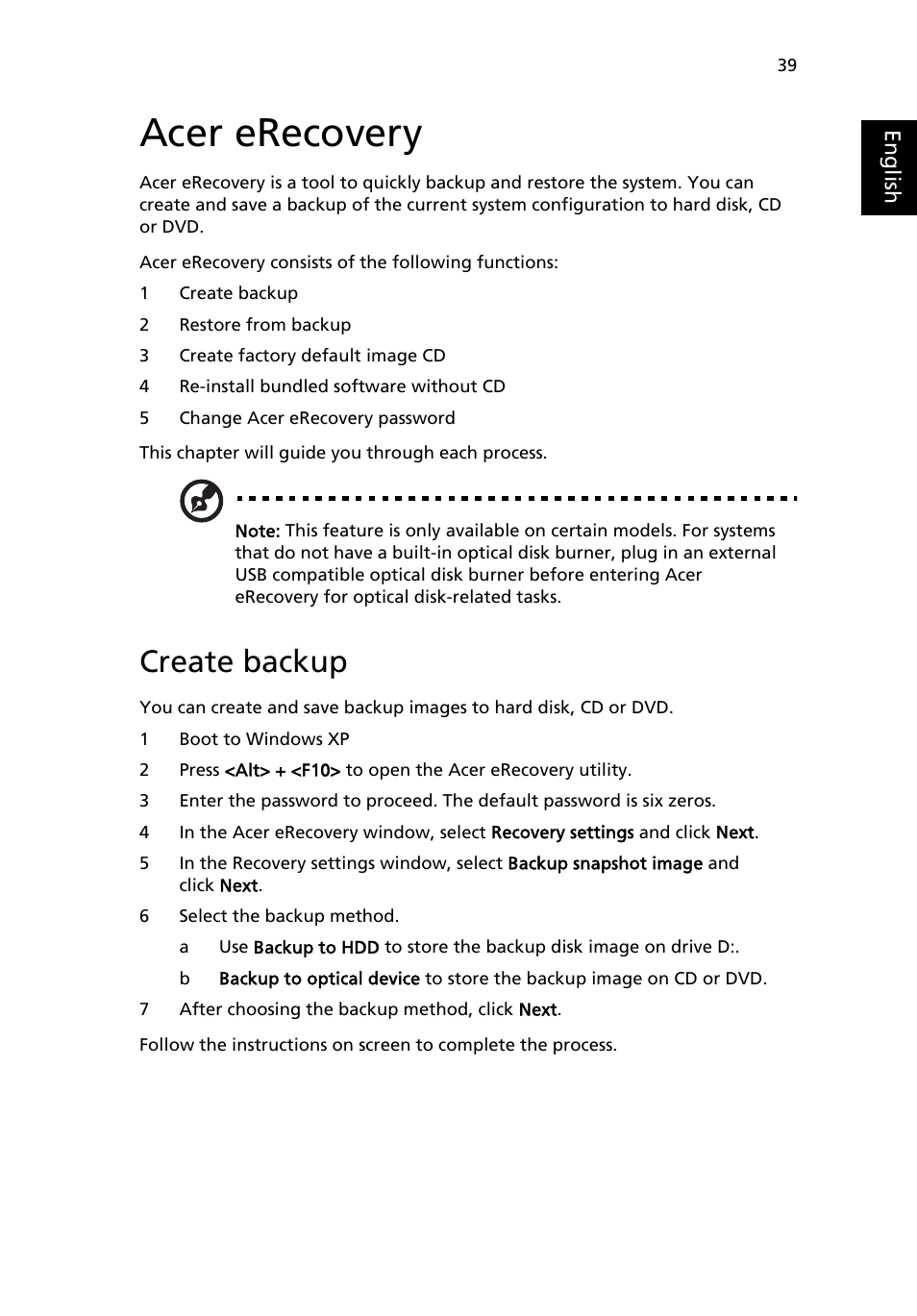 Acer erecovery, Create backup | Acer Extensa 6600 User Manual | Page 47 / 66