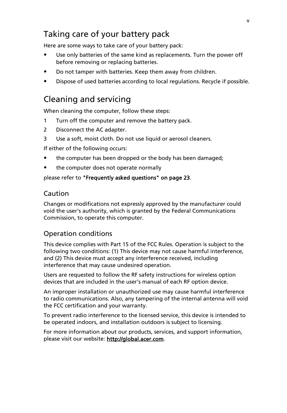Taking care of your battery pack, Cleaning and servicing | Acer Extensa 6600 User Manual | Page 5 / 66