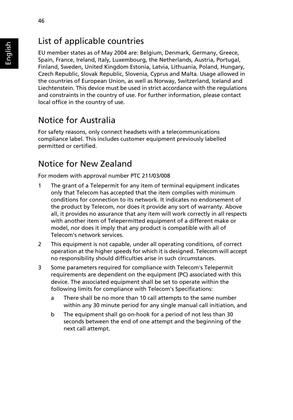 List of applicable countries, Notice for australia, Notice for new zealand | Acer Extensa 6600 User Manual | Page 54 / 66