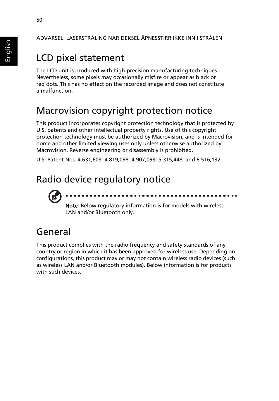 Lcd pixel statement, Macrovision copyright protection notice, Radio device regulatory notice | General | Acer Extensa 6600 User Manual | Page 58 / 66