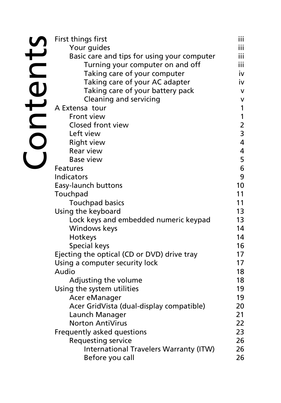 Acer Extensa 6600 User Manual | Page 6 / 66