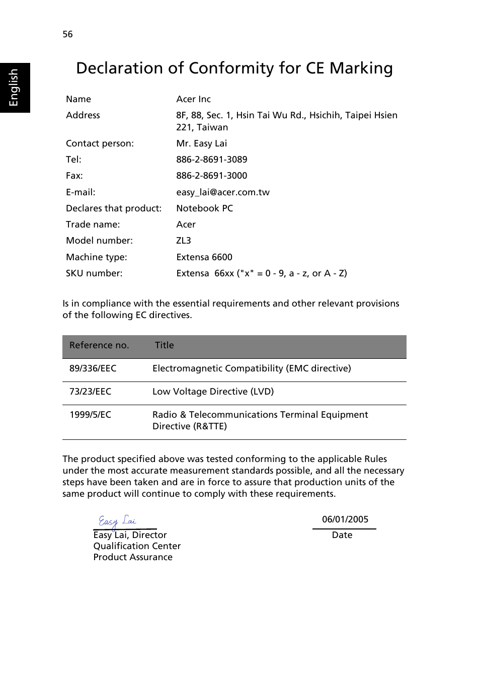 Declaration of conformity for ce marking, English | Acer Extensa 6600 User Manual | Page 64 / 66