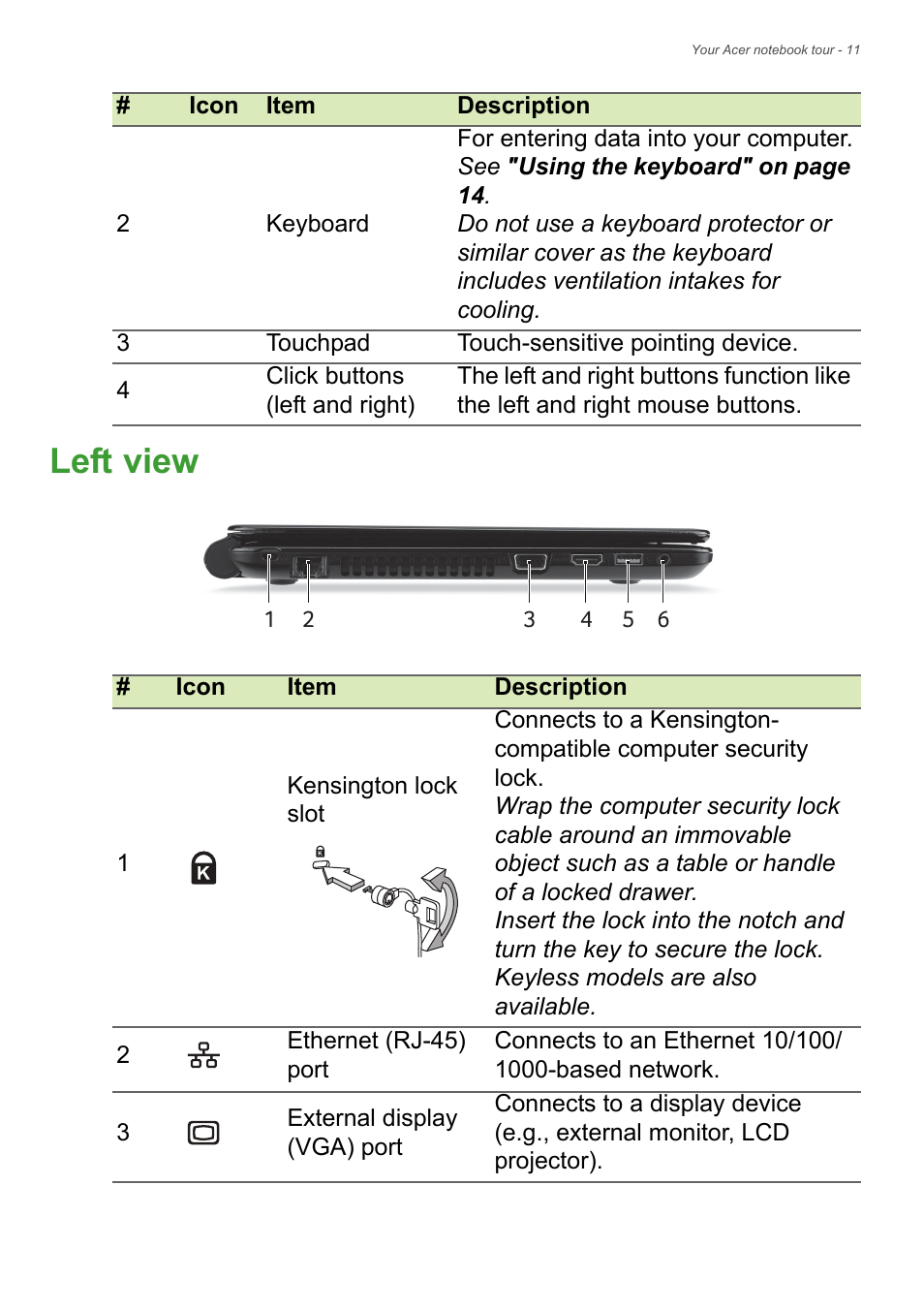 Left view | Acer TravelMate P245-MP User Manual | Page 11 / 105