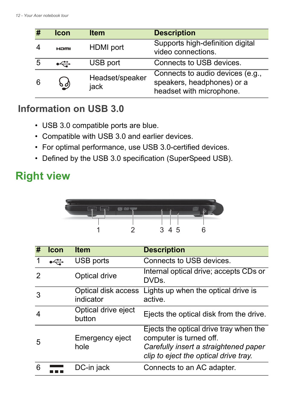 Information on usb 3.0, Right view | Acer TravelMate P245-MP User Manual | Page 12 / 105