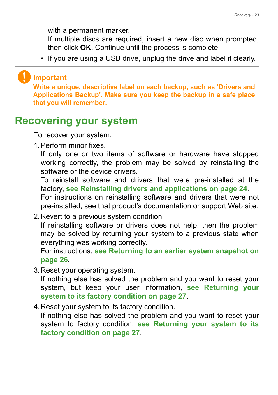 Recovering your system | Acer TravelMate P245-MP User Manual | Page 23 / 105