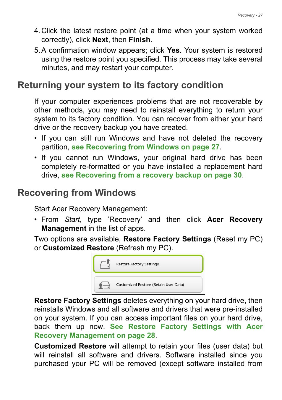 Returning your system to its factory condition, Recovering from windows, See returning your | See returning your system to its | Acer TravelMate P245-MP User Manual | Page 27 / 105