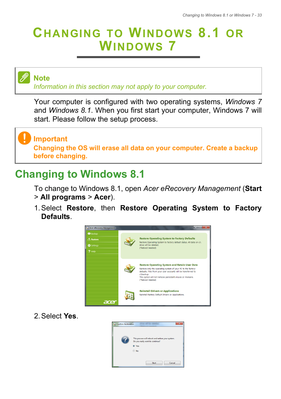 Changing to windows 8.1 or windows 7, Changing to windows 8.1 | Acer TravelMate P245-MP User Manual | Page 33 / 105