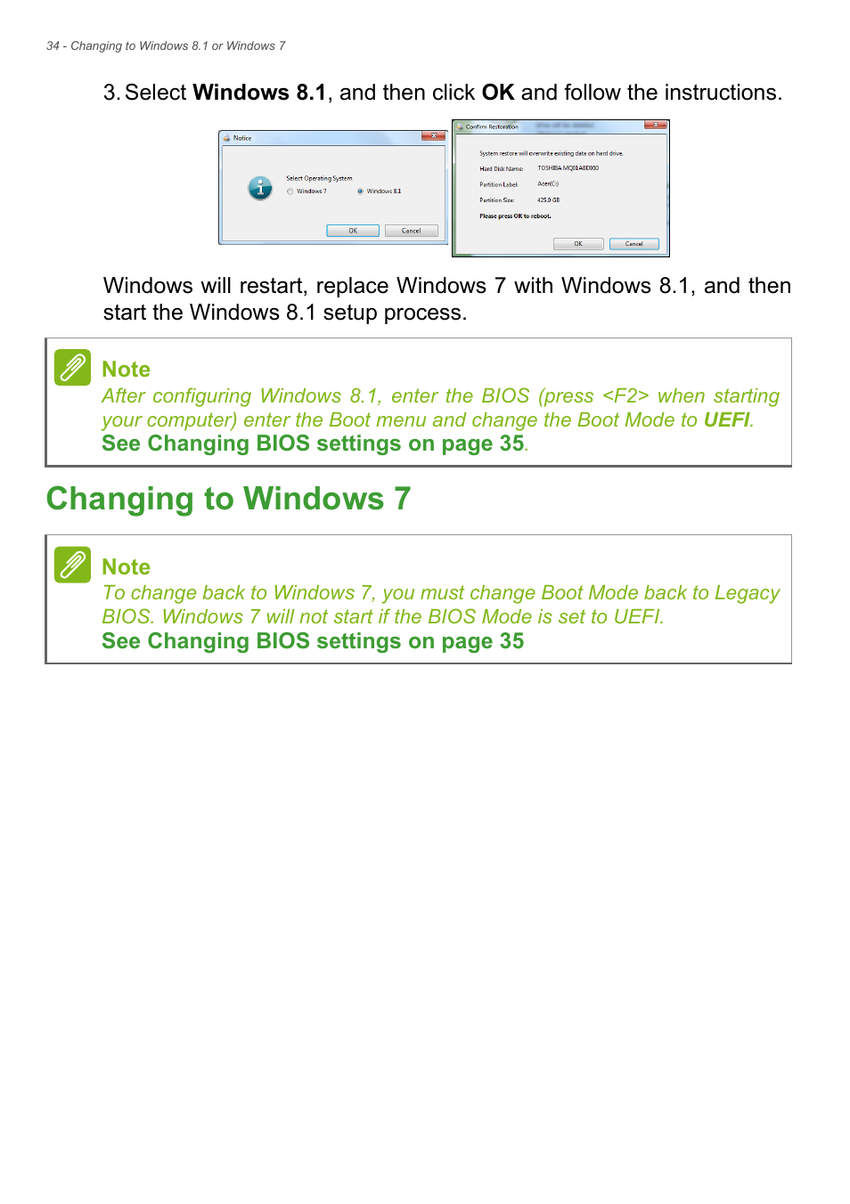 Changing to windows 7 | Acer TravelMate P245-MP User Manual | Page 34 / 105
