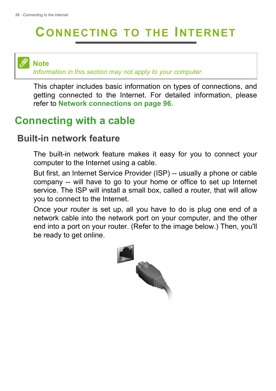 Connecting to the internet, Connecting with a cable, Built-in network feature | Onnecting, Nternet | Acer TravelMate P245-MP User Manual | Page 38 / 105