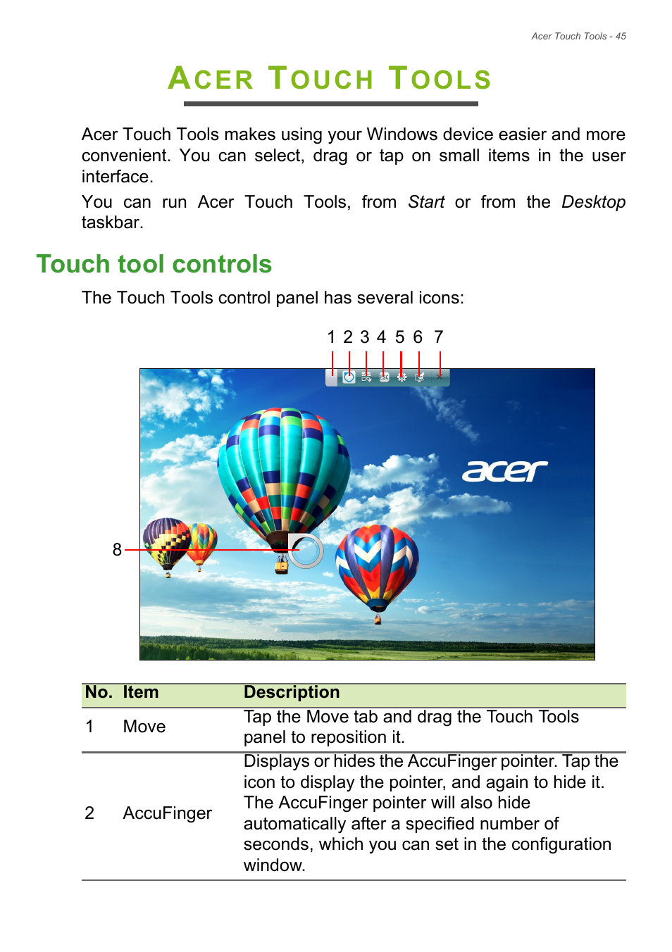 Acer touch tools, Touch tool controls, Ouch | Ools | Acer TravelMate P245-MP User Manual | Page 45 / 105