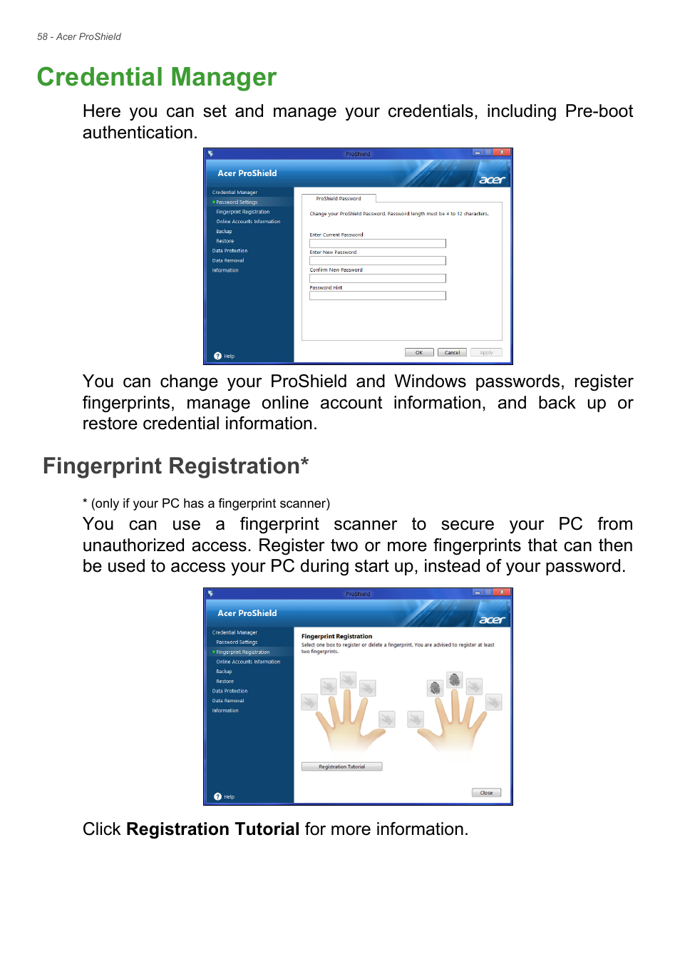 Credential manager, Fingerprint registration | Acer TravelMate P245-MP User Manual | Page 58 / 105