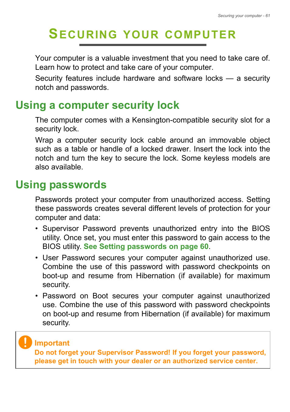 Securing your computer, Using a computer security lock, Using passwords | Using a computer security lock using passwords, Ecuring, Your, Computer | Acer TravelMate P245-MP User Manual | Page 61 / 105