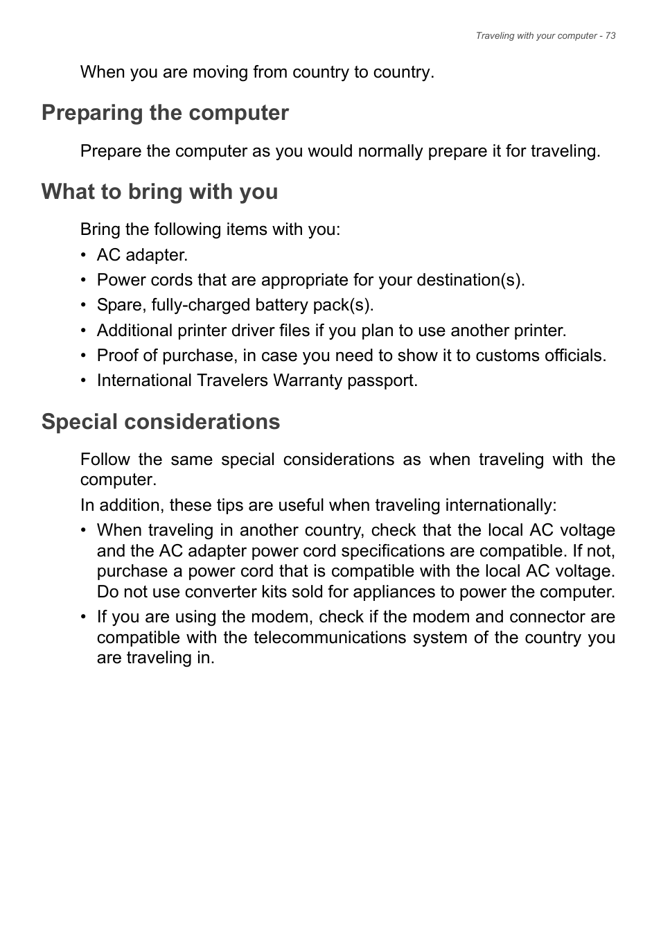 Preparing the computer, What to bring with you, Special considerations | Acer TravelMate P245-MP User Manual | Page 73 / 105