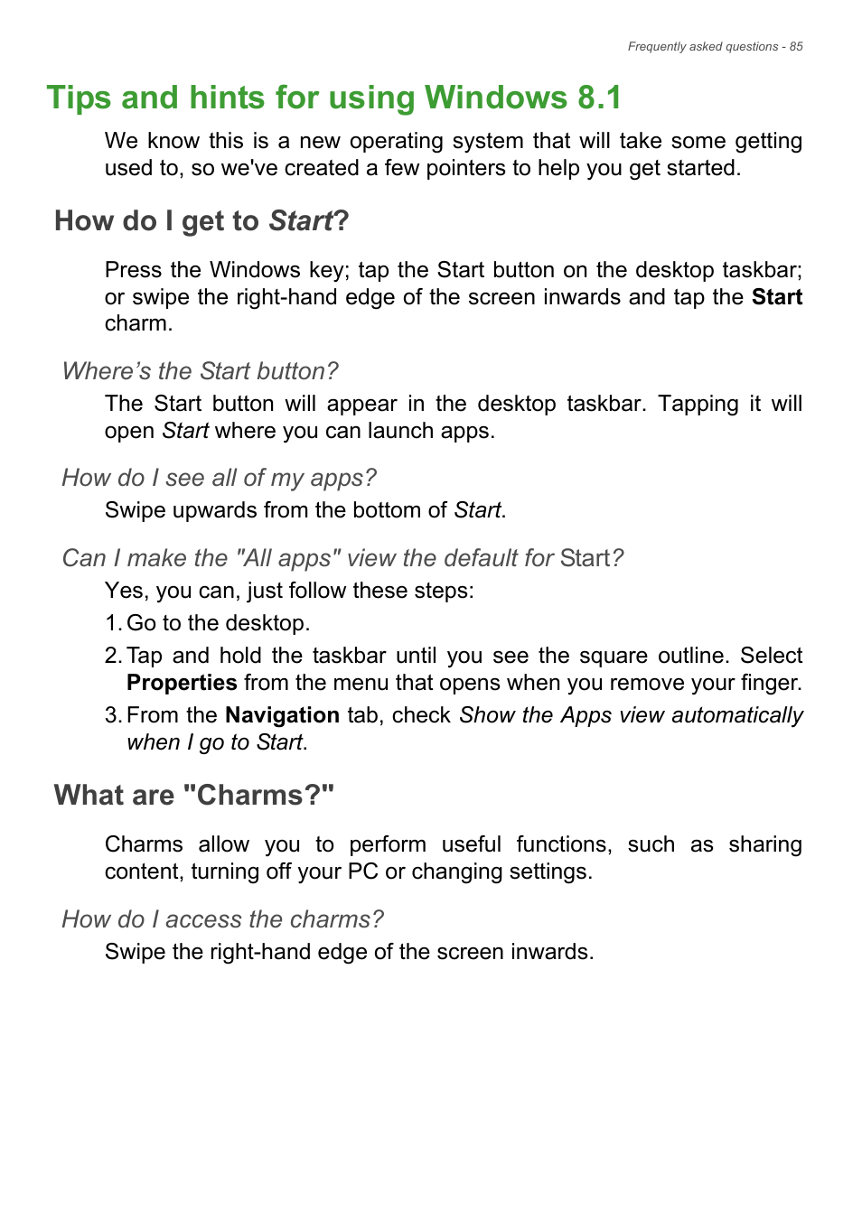 Tips and hints for using windows 8.1, How do i get to start, What are "charms | How do i get to start? what are "charms | Acer TravelMate P245-MP User Manual | Page 85 / 105