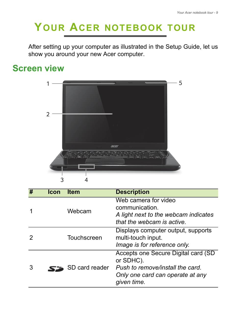 Your acer notebook tour, Screen view, Tour | Acer TravelMate P245-MP User Manual | Page 9 / 105