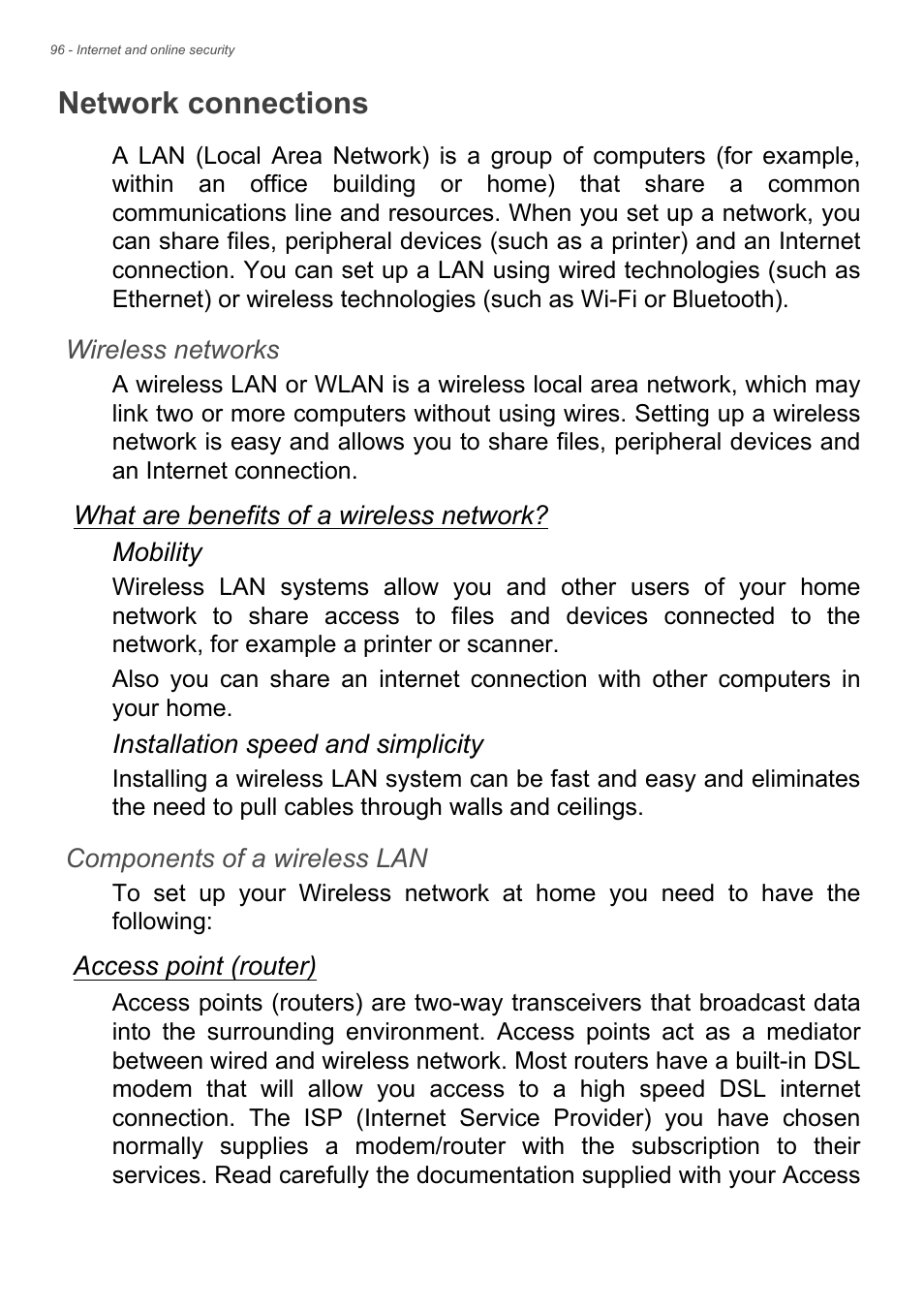 Network connections | Acer TravelMate P245-MP User Manual | Page 96 / 105