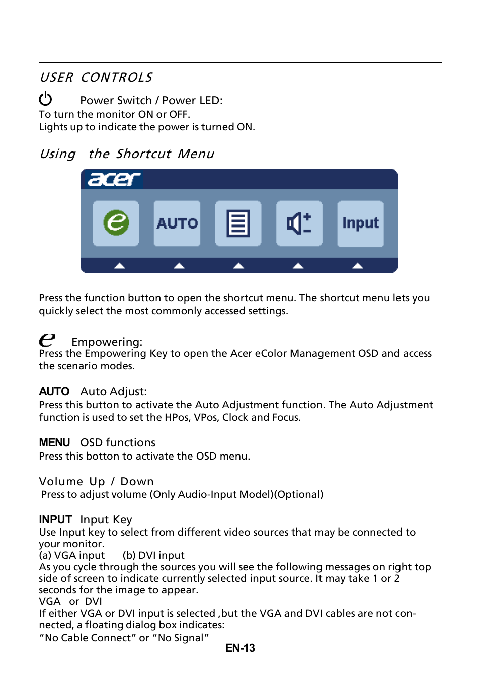 User controls, Using the shortcut menu | Acer P196WV User Manual | Page 14 / 23