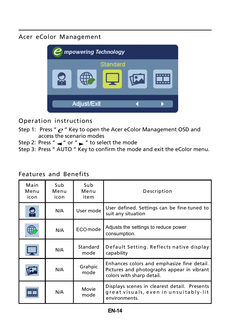 Acer ecolor management operation instructions, Features and benefits | Acer P196WV User Manual | Page 15 / 23