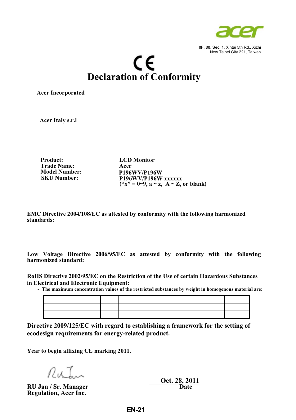 Declaration of conformity | Acer P196WV User Manual | Page 22 / 23