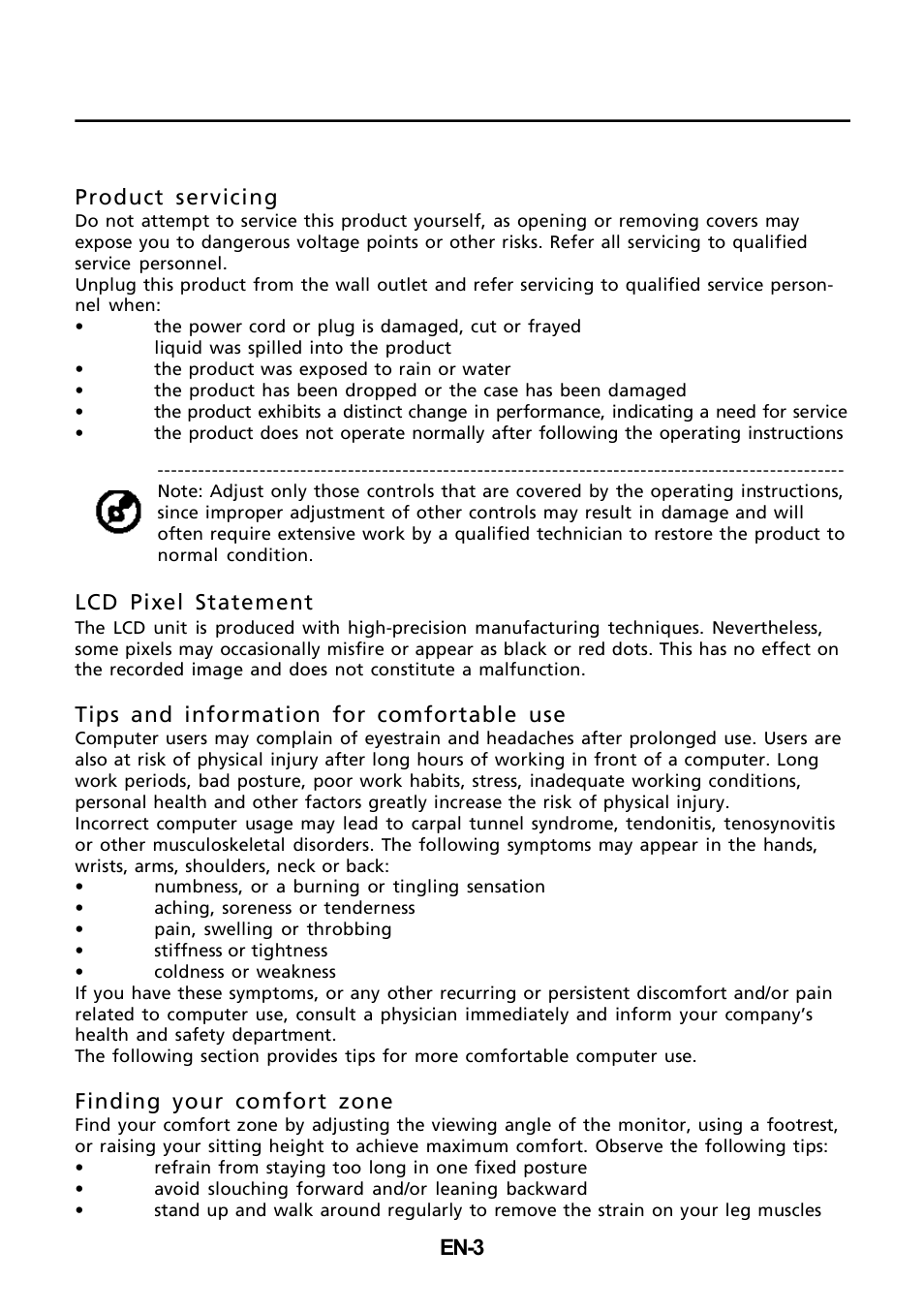 En-3 product servicing, Lcd pixel statement, Tips and information for comfortable use | Finding your comfort zone | Acer P196WV User Manual | Page 4 / 23