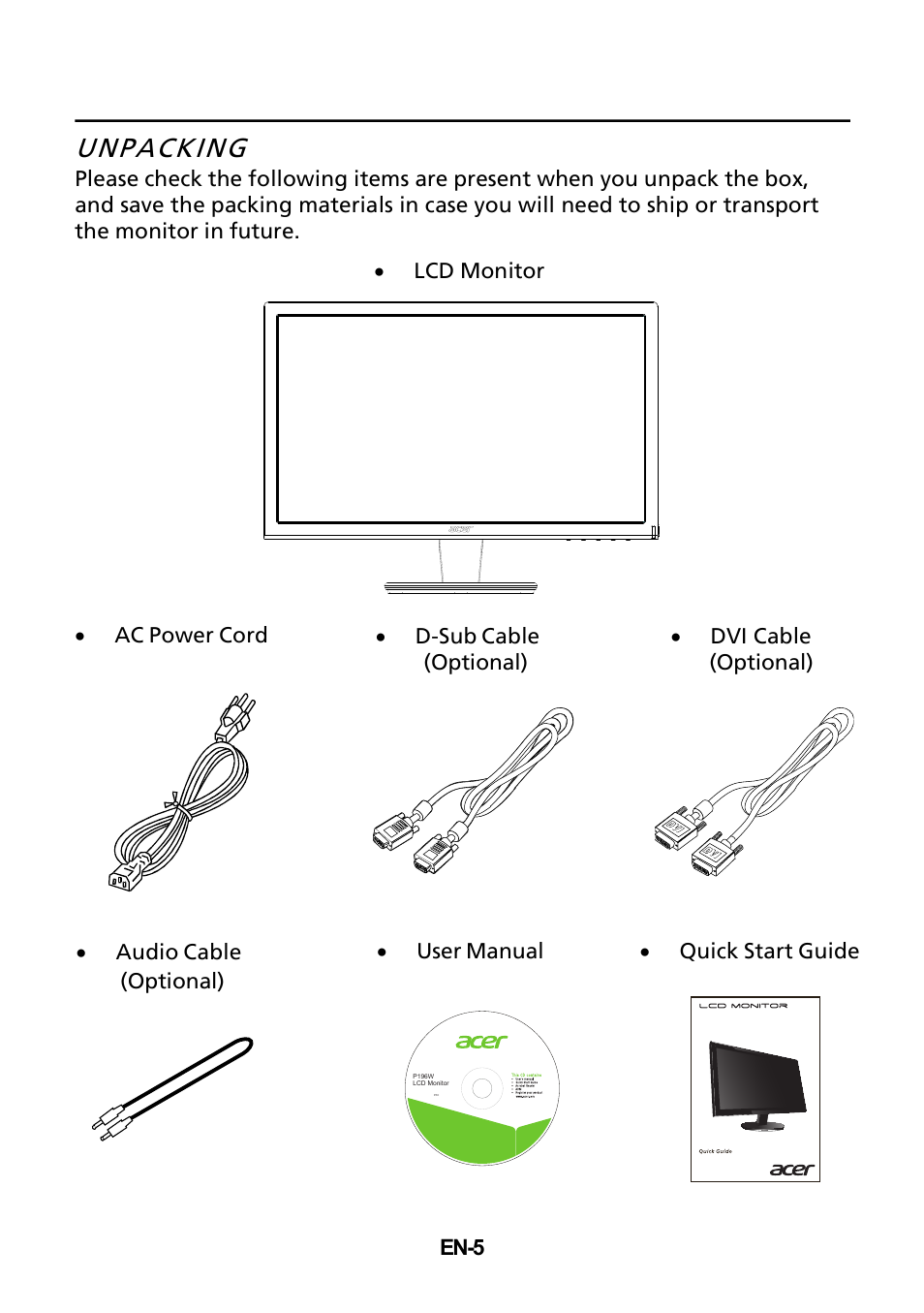 Unpacking | Acer P196WV User Manual | Page 6 / 23