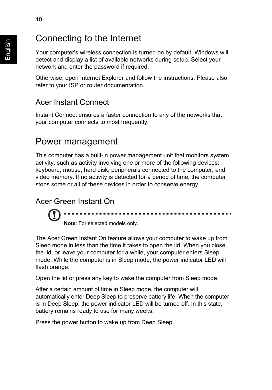 Connecting to the internet, Power management, Acer instant connect | Acer green instant on | Acer Aspire M5-581TG User Manual | Page 10 / 11