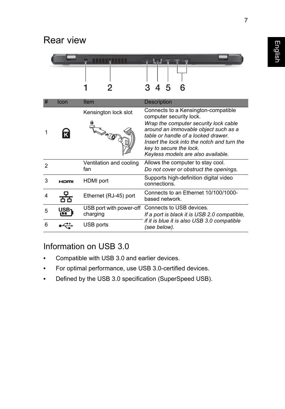 Rear view, Information on usb 3.0 | Acer Aspire M5-581TG User Manual | Page 7 / 11