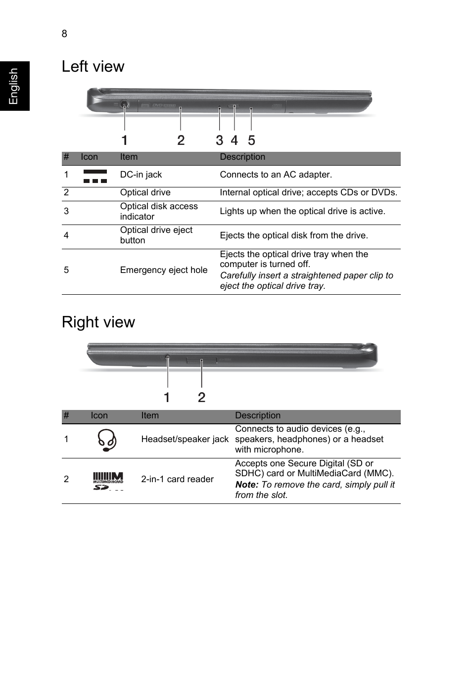 Left view, Right view, Left view right view | Acer Aspire M5-581TG User Manual | Page 8 / 11