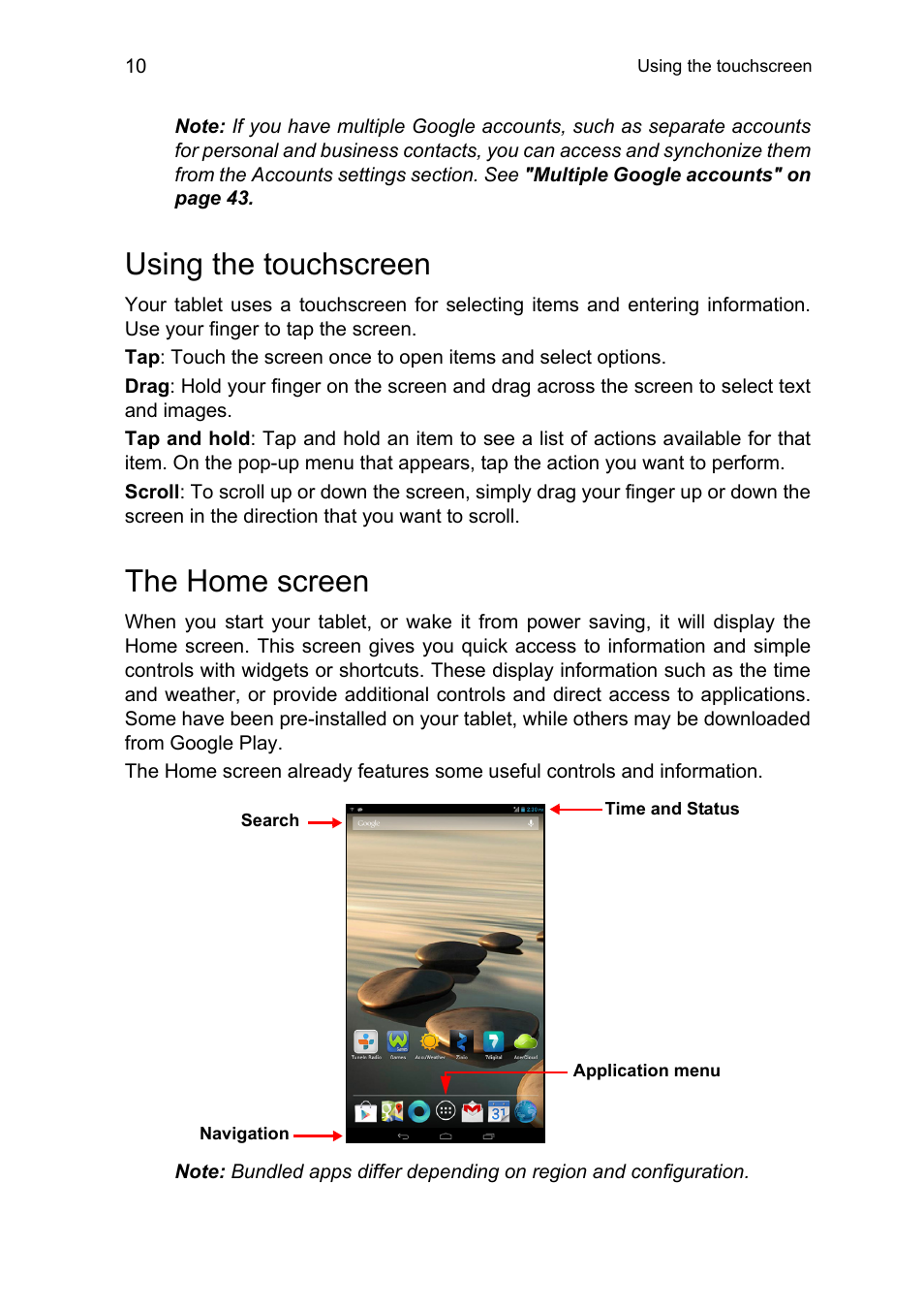 Using the touchscreen, The home screen, Using the touchscreen the home screen | Acer B1-711 User Manual | Page 10 / 51