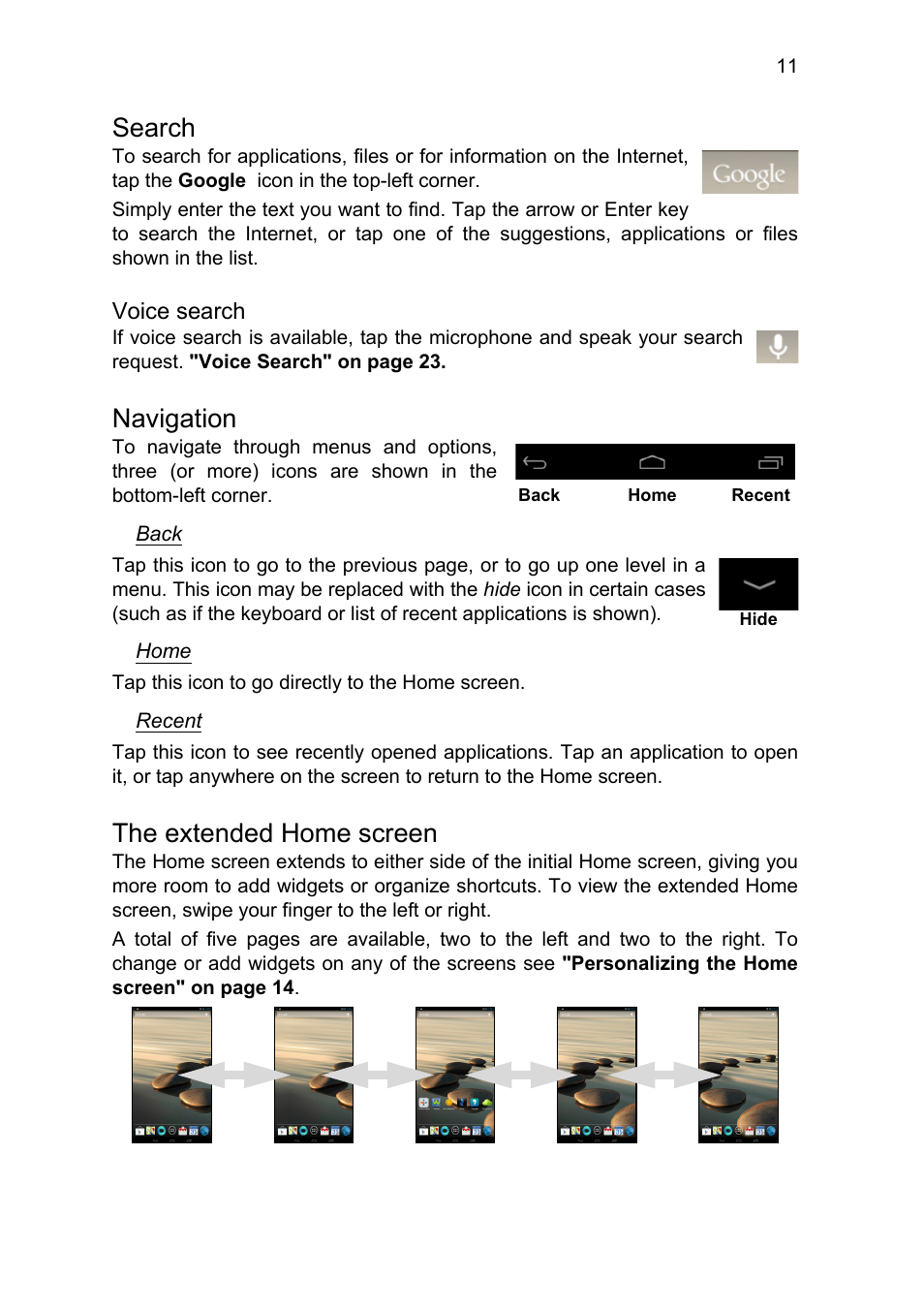 Search, Navigation, The extended home screen | Acer B1-711 User Manual | Page 11 / 51