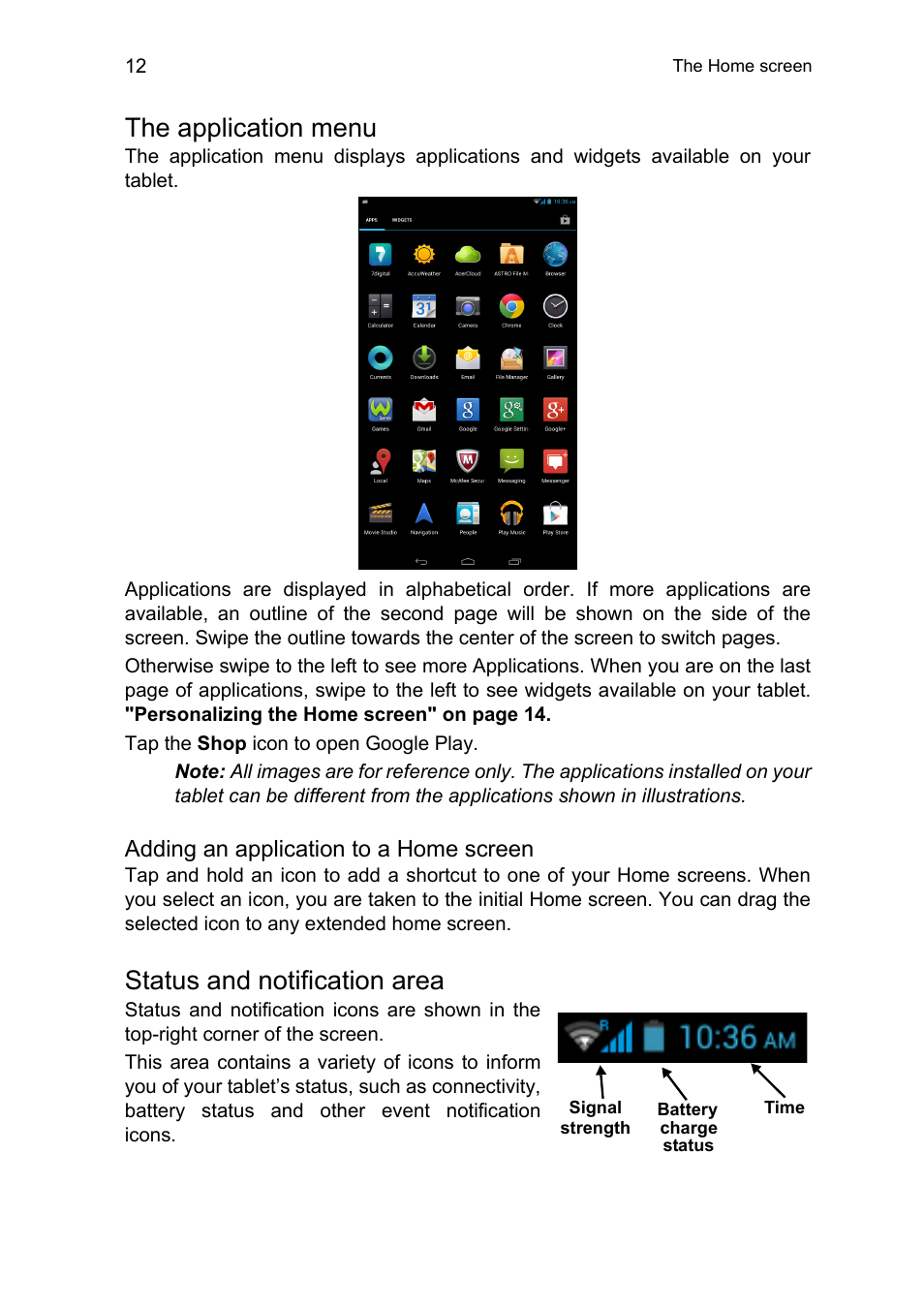 The application menu, Status and notification area | Acer B1-711 User Manual | Page 12 / 51