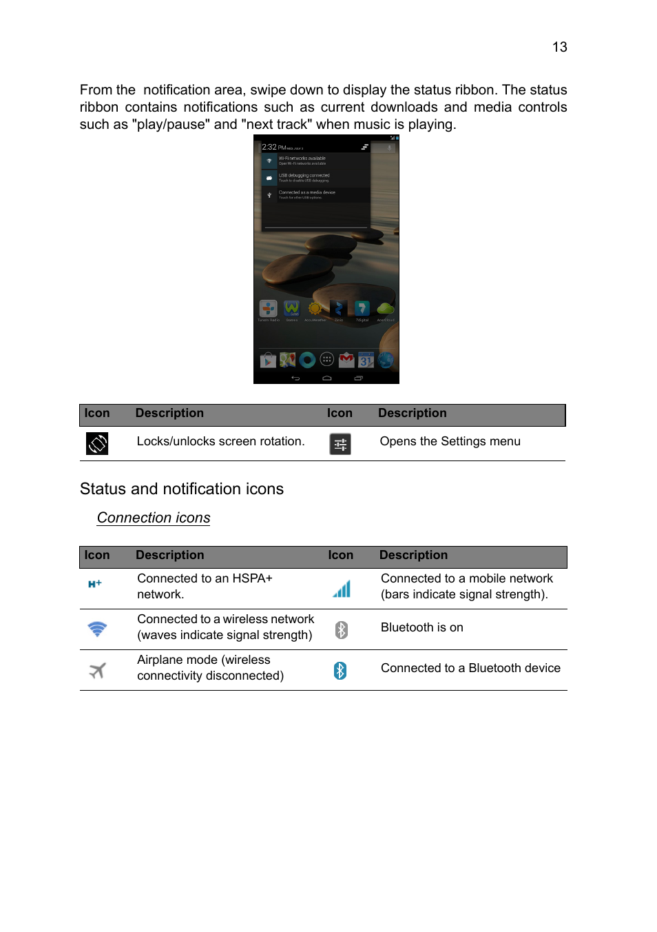 Status and notification icons | Acer B1-711 User Manual | Page 13 / 51