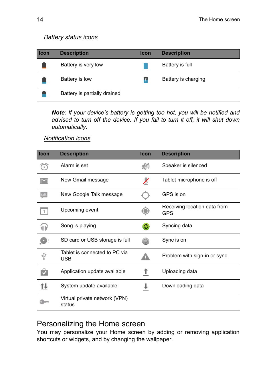 Personalizing the home screen | Acer B1-711 User Manual | Page 14 / 51