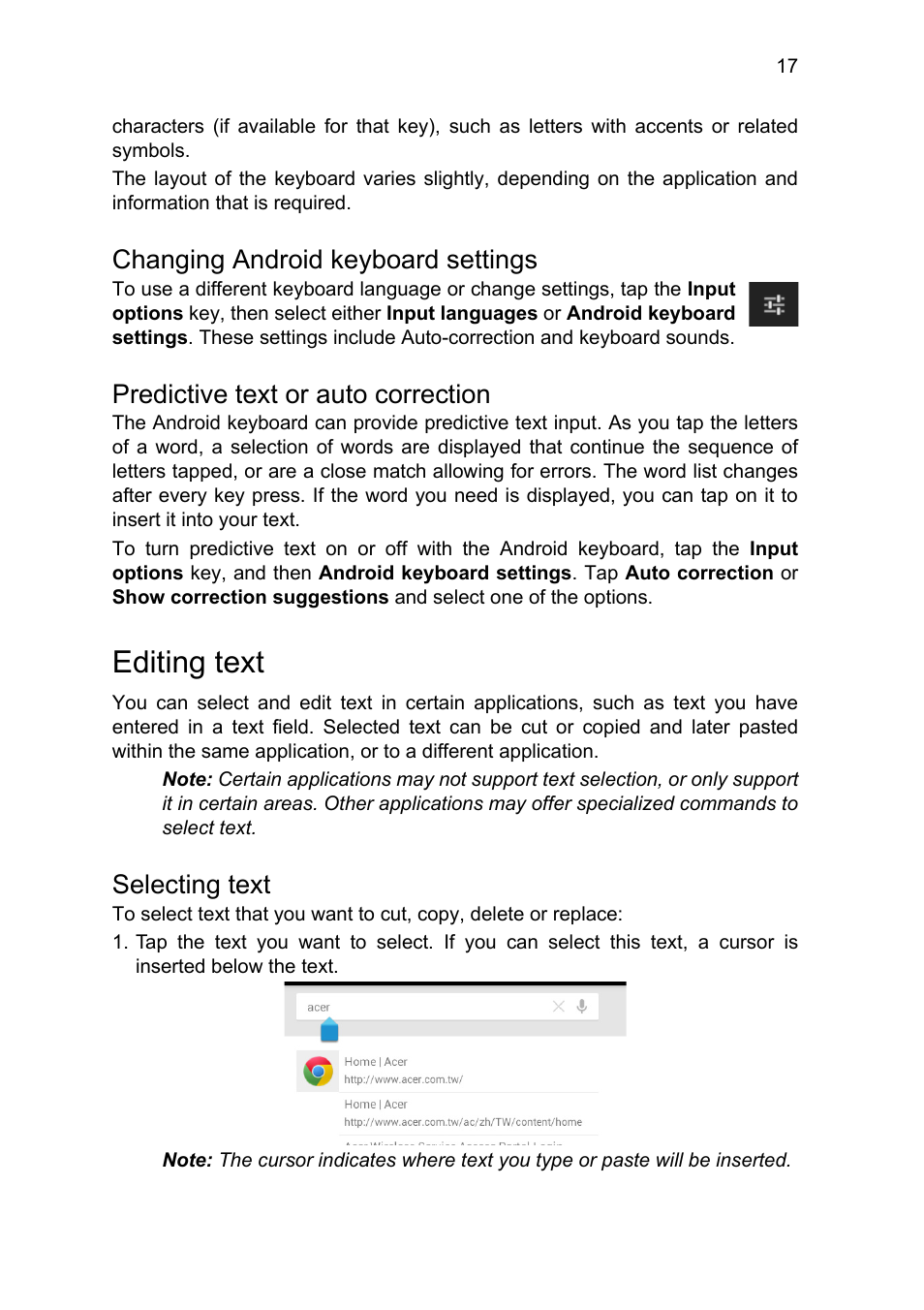Changing android keyboard settings, Predictive text or auto correction, Editing text | Selecting text | Acer B1-711 User Manual | Page 17 / 51